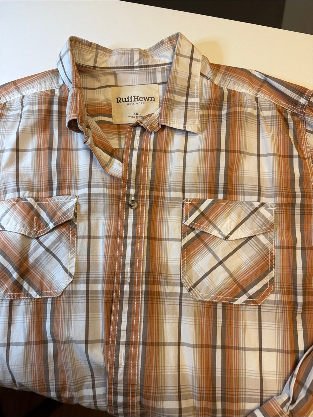 Ruff Hewn Men’s Orange and Cream Plaid Button-Down Shirt